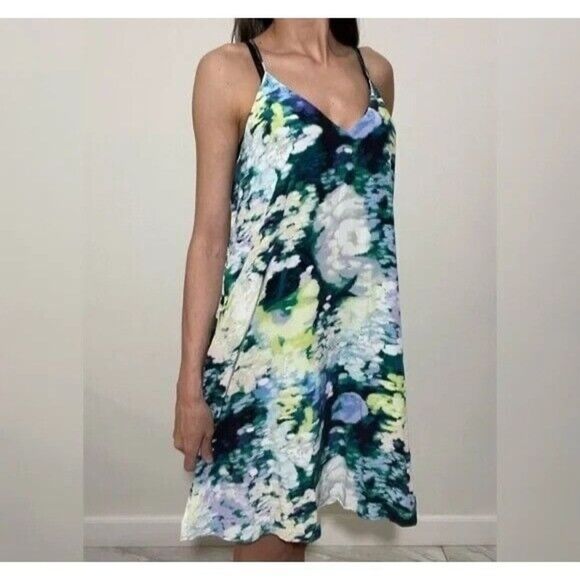 Cynthia Rowley 100% Silk Racerback Dress Watercolor Floral Blue/Green- Size 2 - Picture 1 of 6